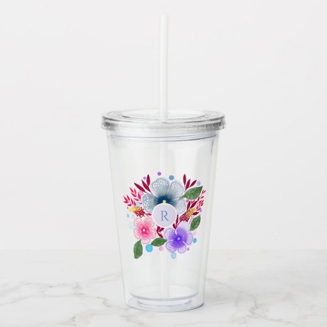 Verre En Acrylique Jolie aquarelle Bouquet floral Monogramme (Devant)