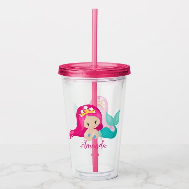 Verre En Acrylique Jolie Sirène rose Personnalisé Enfant Enfant (Devant)
