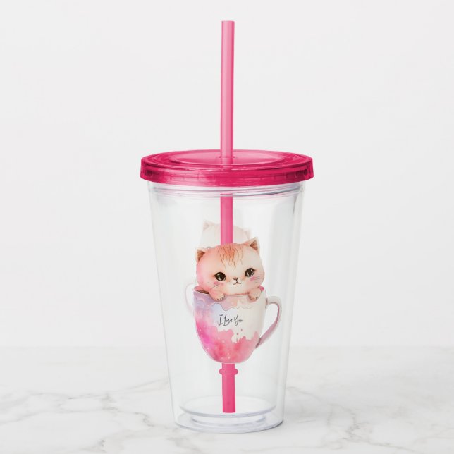 Verre En Acrylique Kawaii Chat Chibi Rose Blushing (Devant)