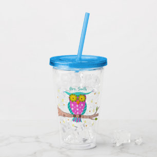 Verre En Acrylique Le hibou avec les yeux fleuris a personnalisé le