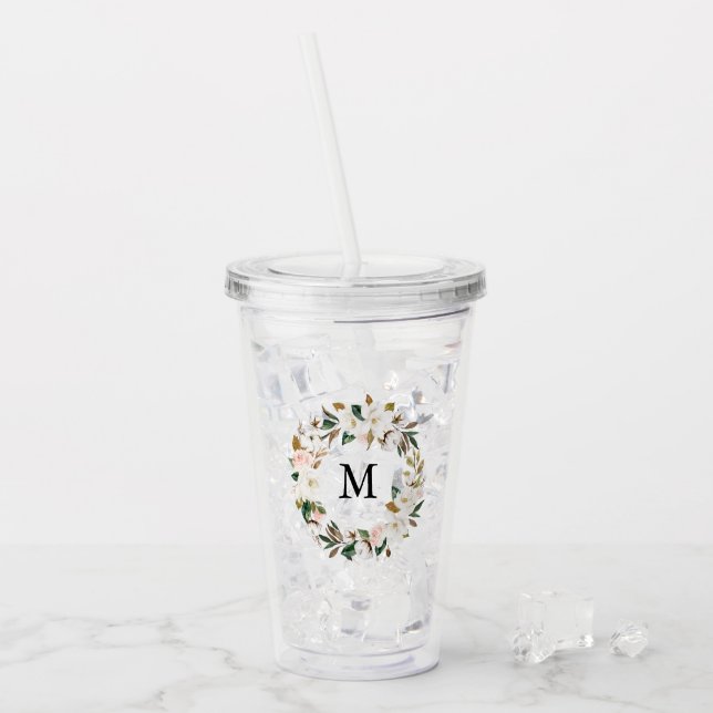 Verre En Acrylique Magnolia Aquarelle Bleue et Blanc Monogramme de co (Devant glace)
