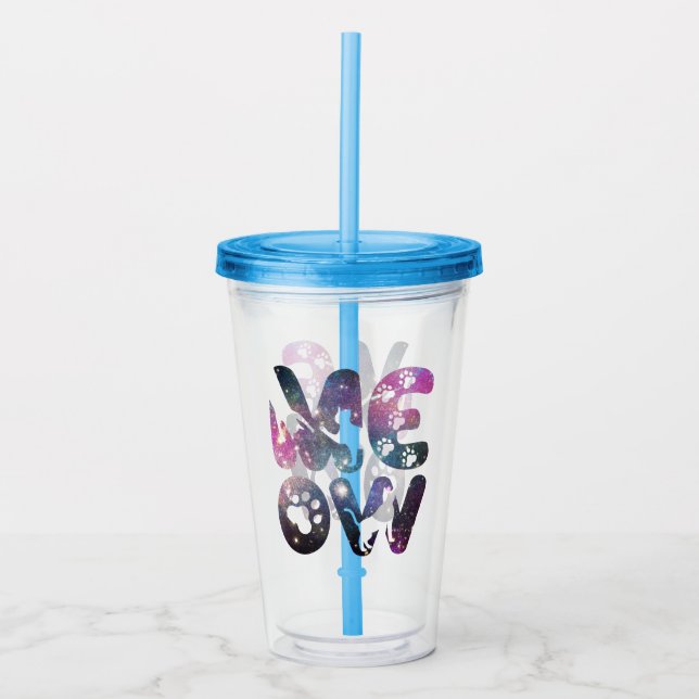Verre En Acrylique Meow - Cute Cat Silhouettes et Empreintes de patte (Devant)