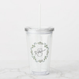 Verre En Acrylique Monogramme de couronne botanique de verdure de sab