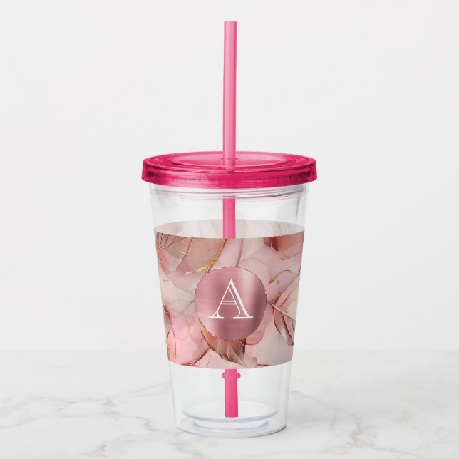 Verre En Acrylique Monogramme de Feuilles d'or rose pâle (Devant)