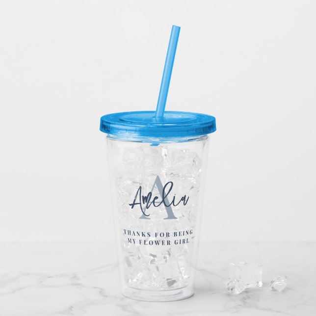 Verre En Acrylique Monogramme Nom initial Dusty Blue Merci Flowgirl (Dos glace)