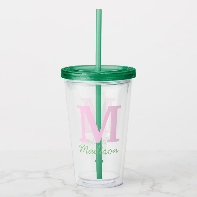 Verre En Acrylique Monogramme Nom personnalisé initial Pink Green (Devant)