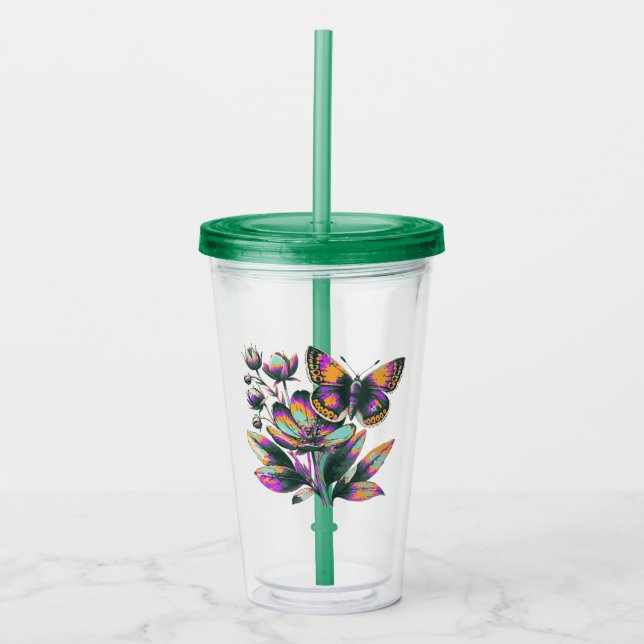 Verre En Acrylique Motif de fleurs de papillon vibrant (Devant)