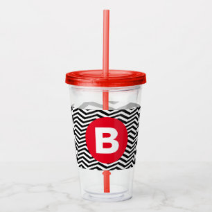 Verre En Acrylique Motif Zig Zag Noir et Blanc Monogramme Rouge