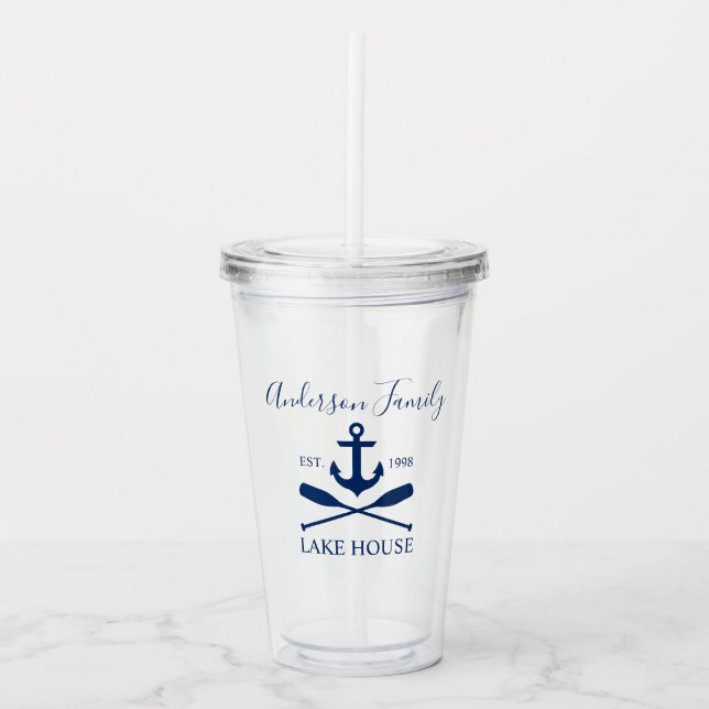 Verre En Acrylique Nautical Lake House Ancre Oars Famille Marine Bleu (Devant)