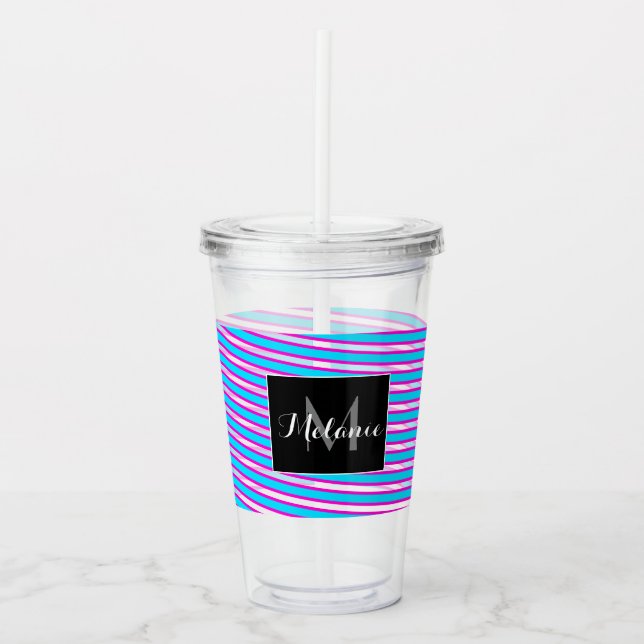 Verre En Acrylique Neon Spiral Ribbon Stripes Monogramme Nom personna (Devant)