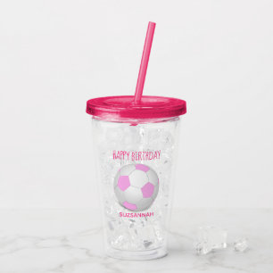 Verre En Acrylique Nom personnalisé Birthday Girl Pink White Soccer 