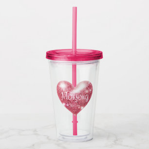 Verre En Acrylique Nom personnalisé Cœur Pailleté Rose Élégant Mahjon