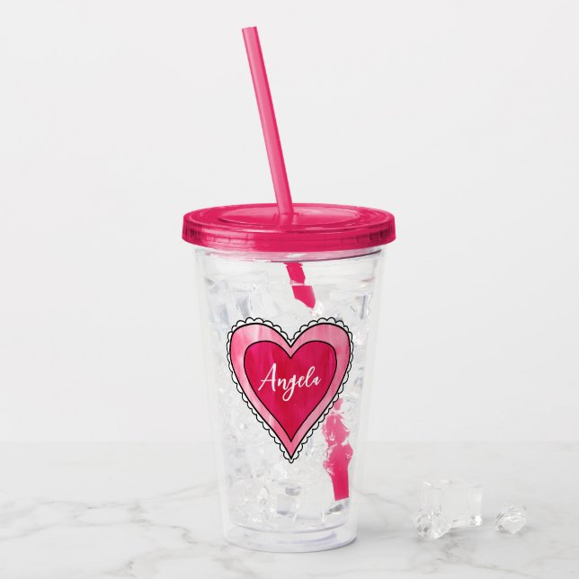 Verre En Acrylique Nom personnalisé Heart Valentine's Day (Devant glace)