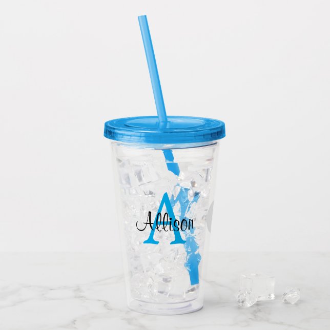 Verre En Acrylique Nom personnalisé Monogramme bleu initial (Devant glace)