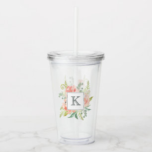 Verre En Acrylique Pêche et crème Aquarelle Florale avec Monogramme