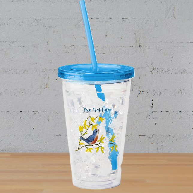 Verre En Acrylique Petit Tweet Blue Red Bird Branch Fleur Jaune (Pretty little red blue bird on branch bright yellow spring  time flowers on acrylic drink tumbler.)