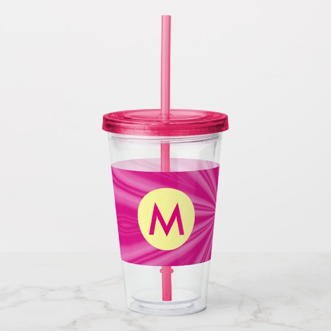 Verre En Acrylique Rose chaud soleil éclat Monogramme jaune Cercle (Devant)