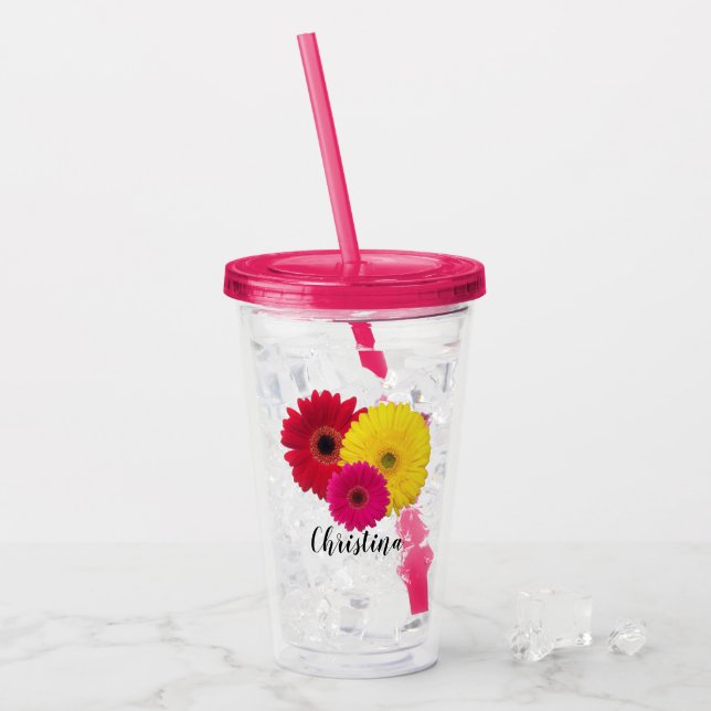 Verre En Acrylique Rose jaune rouge Gerbera Daisy | Personnalisé (Devant glace)