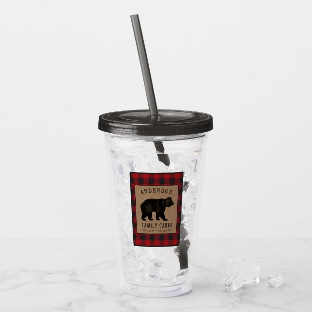 Verre En Acrylique Rustic Bear Family Cabine Red Buffalo Plaid Burlap (Devant glace)