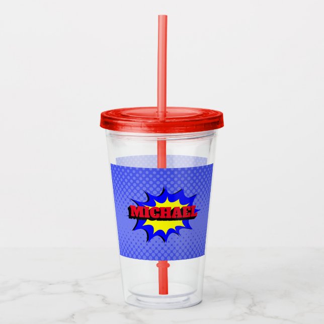 Verre En Acrylique Superhero Kids Comic Book Nom personnalisé (Devant)