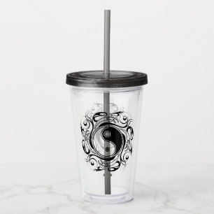 Verre En Acrylique Symbole Yin & Yang noir et blanc de style tatouage