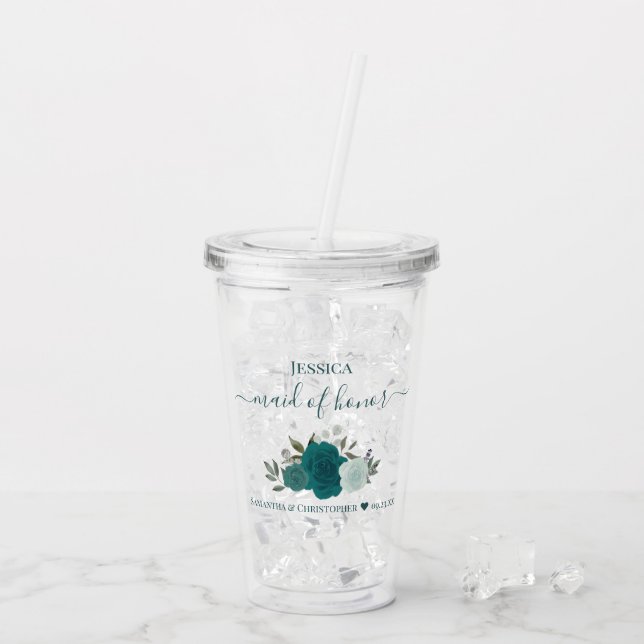 Verre En Acrylique Teal & Aqua Roses Elegant Maid of Honor Wedding (Dos glace)