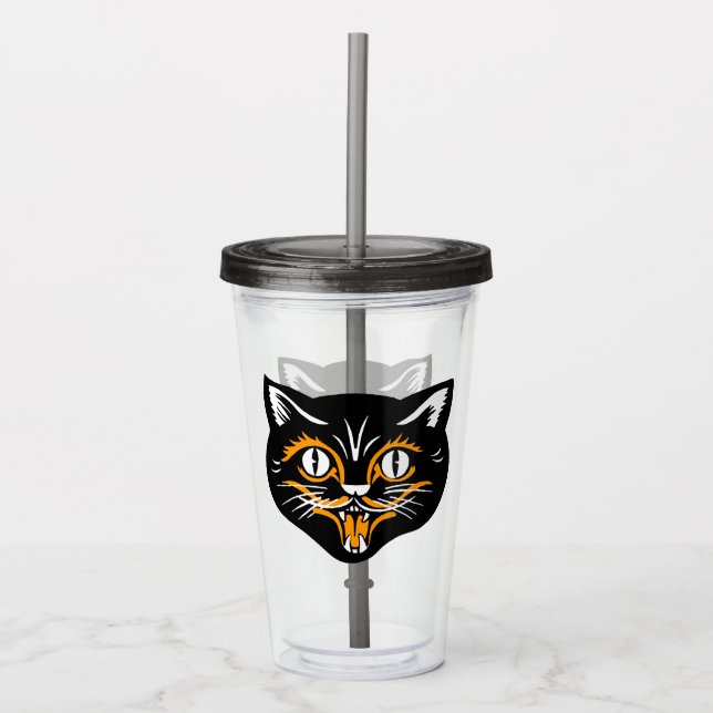 Verre En Acrylique Tête de Chat d'Halloween Noir Orange Blanc Accents (Devant)