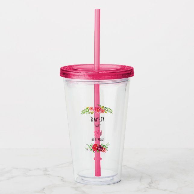 Verre En Acrylique Texte assez rose de joyeux anniversaire de rose (Devant)