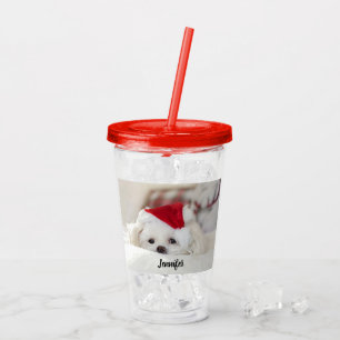 Verre En Acrylique Un mignon chien blanc dans un Casquette de Noël ro