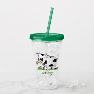 Verre En Acrylique Vache mignonne en vert dessin animé sur le terrain