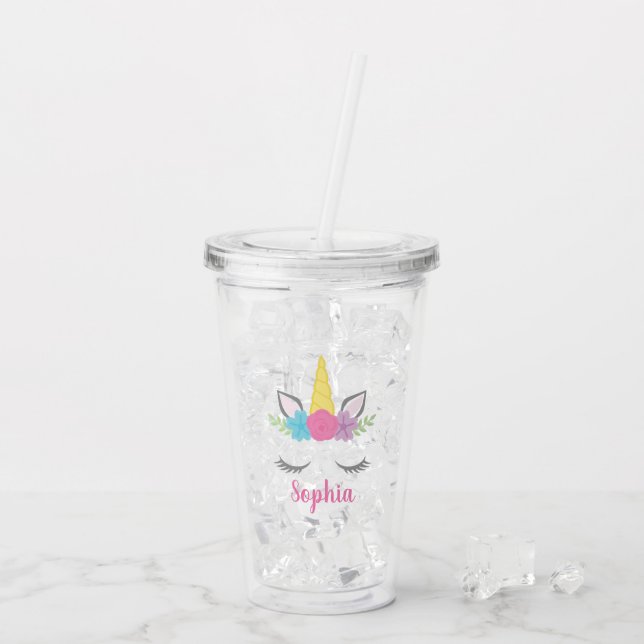 Verre En Acrylique Visage floral de licorne personnalisé (Dos glace)