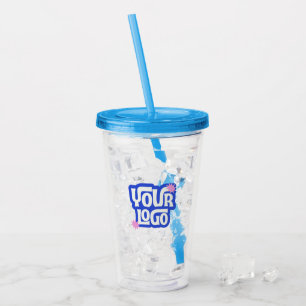 Verre En Acrylique Votre logo ici Couvercle et paille bleu clair