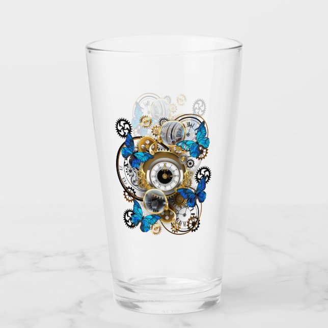 Verre Engrenages à vapeur et papillons bleus (Devant)