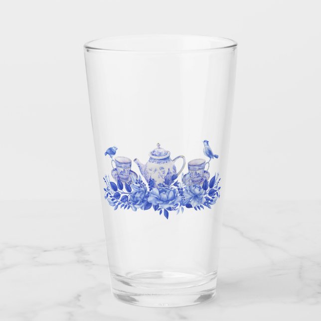 Verre Ensemble de thé bleu et blanc avec oiseaux (Devant)