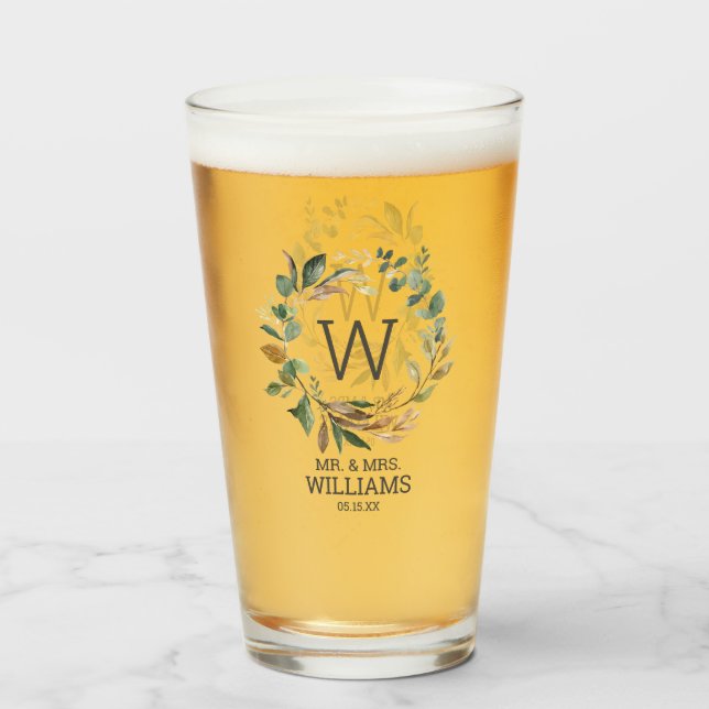 Verre Eucalyptus Greenery M. et Mme Mariage Monogram (Devant (rempli))