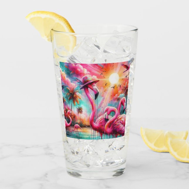 Verre Flamants roses roses tropicaux Palmiers Eau Solair (Devant glace)