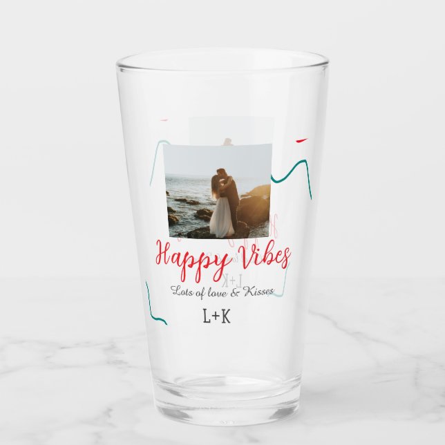 Verre Happy Vibes nom du couple date mariage rouge (Devant)