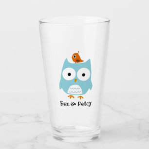 Verre Hibou bleu mignon et petit oiseau personnalisés