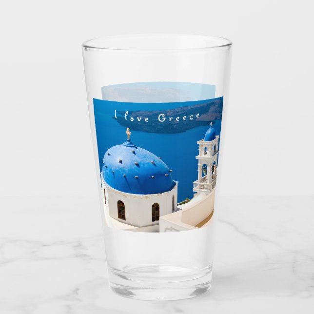 Verre I love Greece Church Santorini bleu photo et texte (Devant)