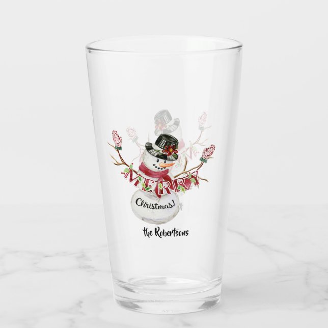 Verre Joyeux Noël Snowman w Mittens n Casquette Aquarell (Dos)