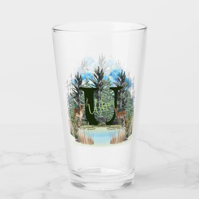 Verre Lettre U personnalisée monogramme cerf aquarelle (Devant)