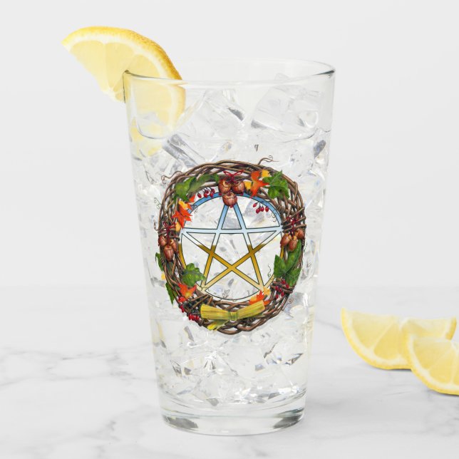 Verre Mabon Vin Vin Wreath avec Pentacle (Devant glace)