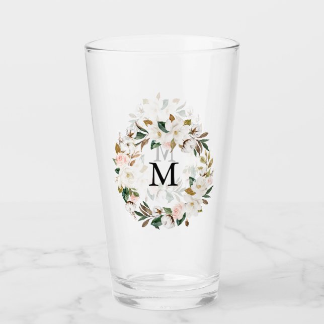 Verre Magnolia Aquarelle Bleue et Blanc Monogramme de co (Devant)