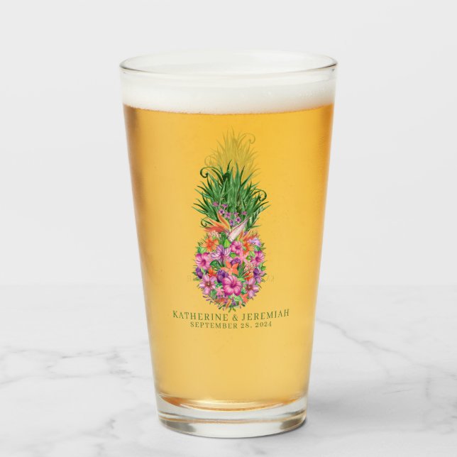 Verre Mariage d'aquarelle tropicale à ananas (Dos (rempli))
