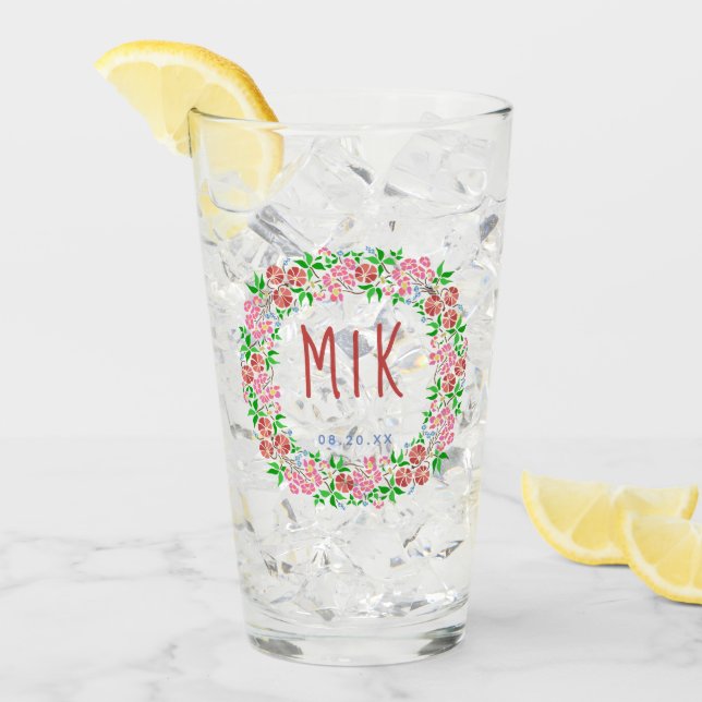 Verre Mariage Monogramme Jolie couronne fleurie Mariée D (Devant glace)