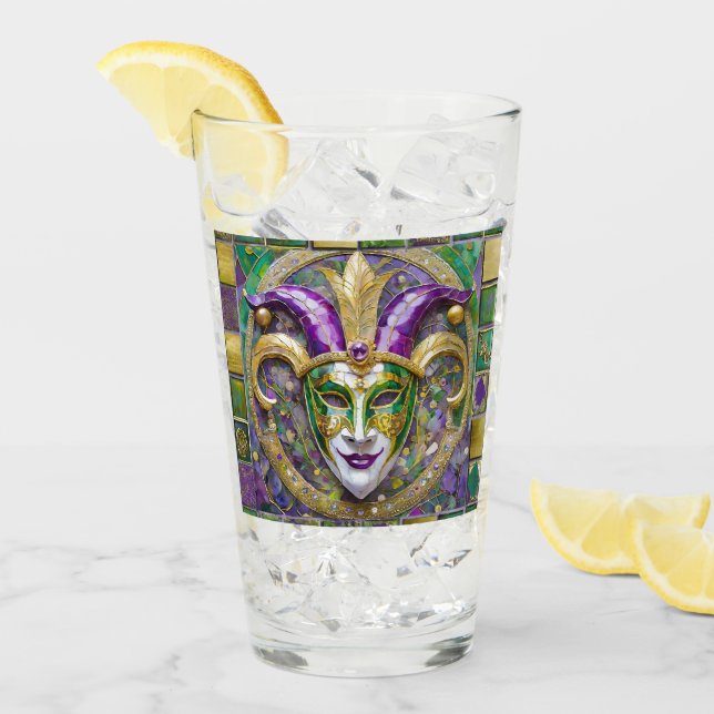 Verre Masque Mardi Gras Jester Vert Or (Devant glace)