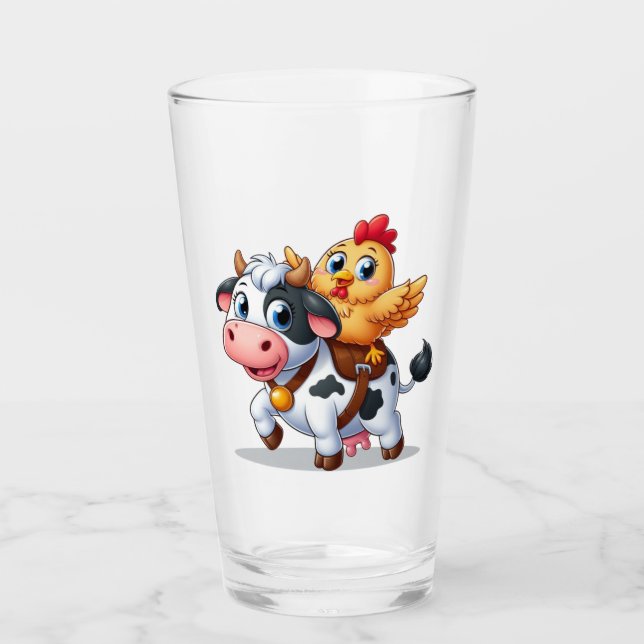 Verre mignon vache/poulet caricature (Devant)