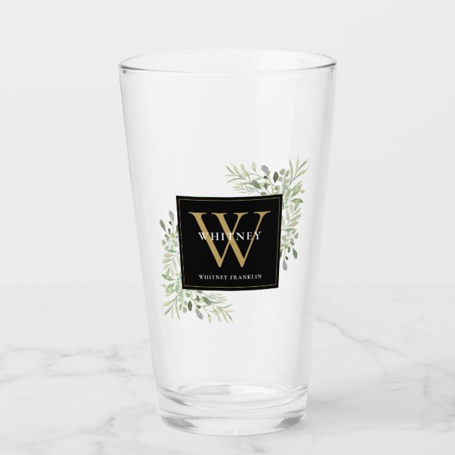 Verre Monogramme d'or noir Élégant vert moderne (Devant)