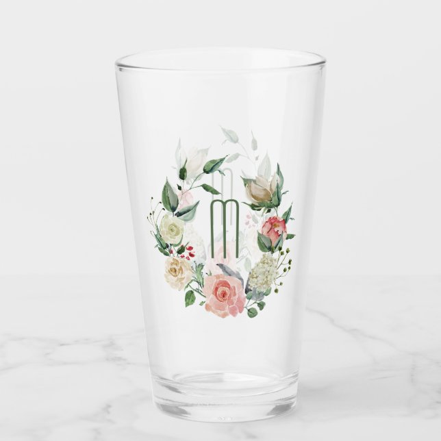 Verre Monogramme élégant de guirlande de rose de rose (Devant)