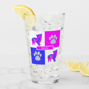 Verre Morkie Silhouette Chien & Paw Rose et Carré bleu
